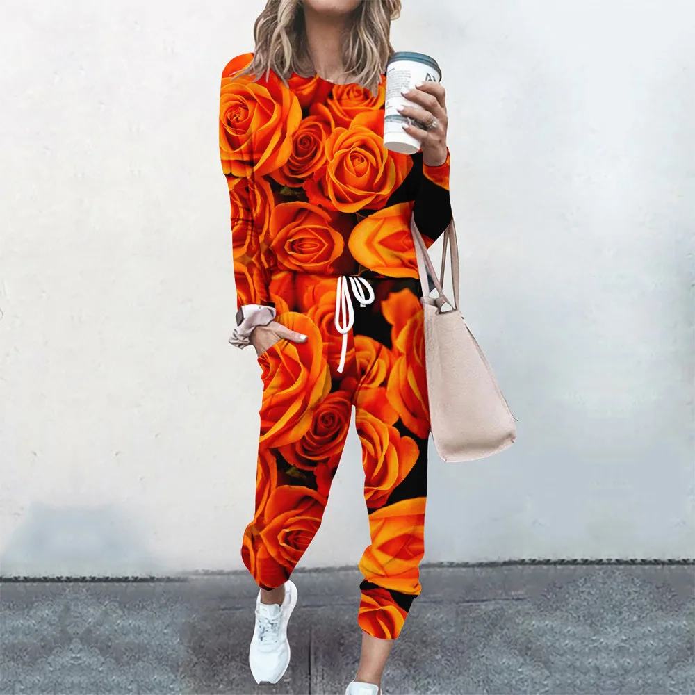 Spring 2021 Fall Streetwear 2 Piece Set Women Street Style Outfits Matching Sets Sweatsuit Lady 3D Floral Print Tracksuit Female