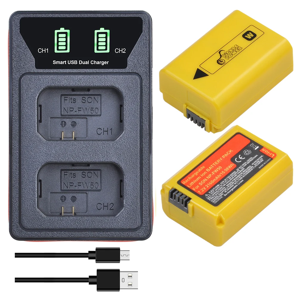 2160mAh NP FW50 NP-FW50 Battery + LED USB Dual Chager for Sony A6000, A6500, A6400,A6300, A7, A7II, A7RII, A7SII, A7S, A7S2