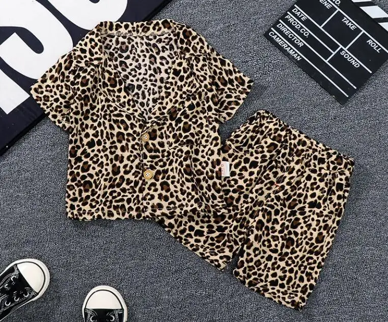 Children Cotton Out Clothes Summer Baby Boys Leopard Print causal Shirt Shorts 2Pcs/sets Infant Kids Fashion Toddler Tracksuits