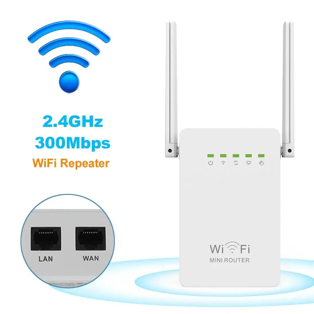 300Mbps Mini Router WiFi Repeater Network Range Extender Booster N300 Wi-Fi Single Increase 2 External Antennas EU/US/UK Plug