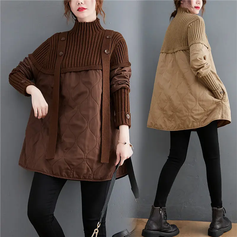 Mid-Length High Neck Knitted Sweater Stitching Cotton Padded Jacket Women Winter 2021 New Loose Thick Warm Pullover Coat M1610