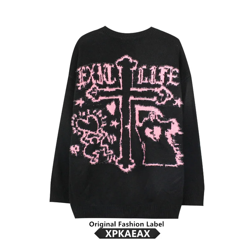 Japanese Harajuku Black Pink Sweater Women Anime Printing Autumn Cute Student Hot Girls Kawaii Knit Pullovers Loose Sweaters