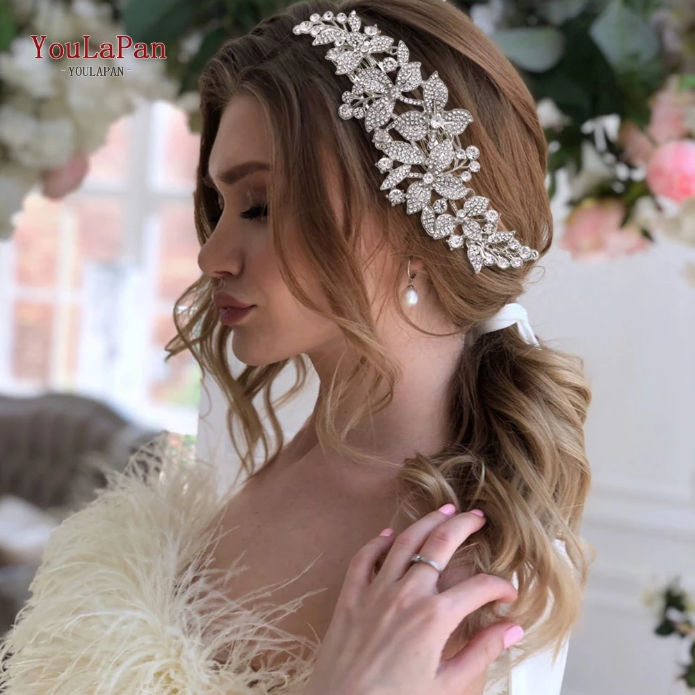 TOPQUEEN Indian Bridal Hair Accessories Alloy Flower Bridal Crowns and Tiaras Silver Hair Pieces Wedding Hair Jewelry HP301