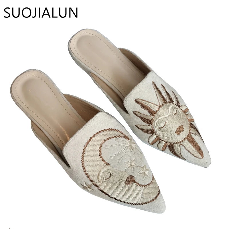 SUOJIALUN Women Slippers Pointed Toe Slip On Half Slippers Fashion Embroider Mules Autumn Outdoor Casual Ladies Sandals Slides