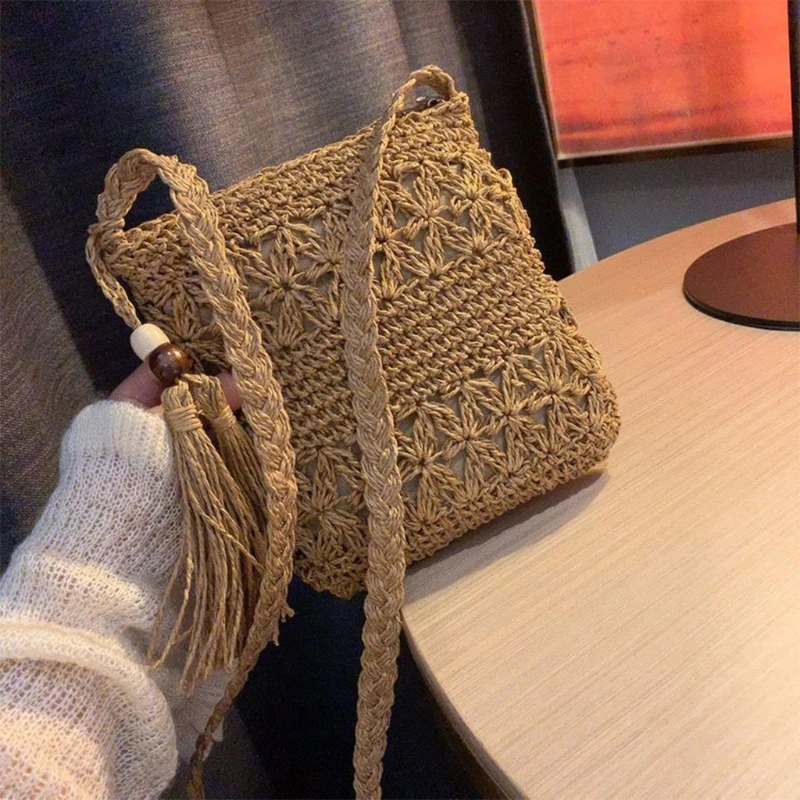 Women Beach Woven Straw Shoulder Messenger Bag with Tassel Boho Hollow Out Crochet Crossbody Handbag Macrame Clutch Purse with