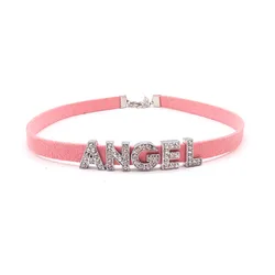 Custom DIY Personalized Pink Color Choker Crystal Letter Necklaces for Women Fashion Soft Leather Short Neck Collar Jewelry Gift