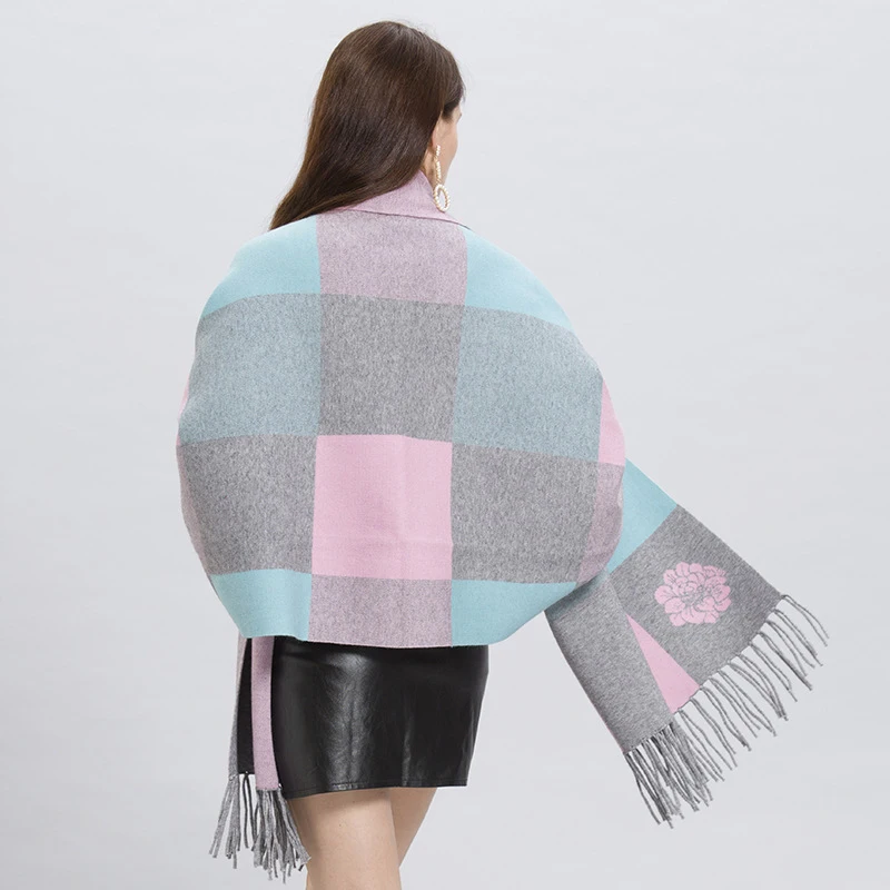 Wholeasale Winter Autumn Multifunctional Floral Knitted Warm Jacquard Cloak Shawl Cashmere Plaid Women's Poncho Cape Coat