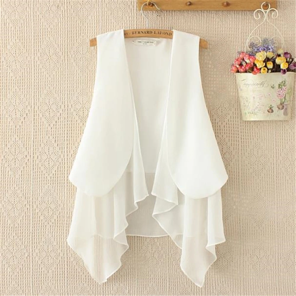 Fall Asymmetry White Summer Long Chiffon Vests Womens Sleeveless Cardigan Female Jackets Overcoat Waistcoat Black Coat Outerwear