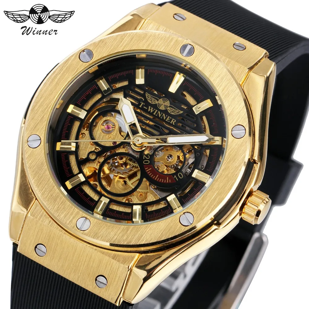 

WINNER Luxury Mens Mechanical Watches Rubber Strap Male Automatic Skeleton T-WINNER Wristwatch Luminous Hands Xmas Gift for Male