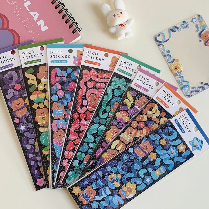 2 Pcs Cute Ribbon Bear Laser Stickers DIY Scrapbooking Decoration Diary Planner Album Hand Account Collage Stationery Sticker