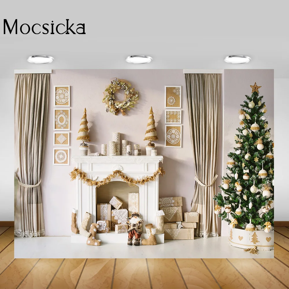 عيد الميلاد الشتاء خلفية الموقد الأبيض غرفة المعيشة الكبار الاطفال صورة خلفية جورب هدية شجرة عيد الميلاد الستار الديكور
