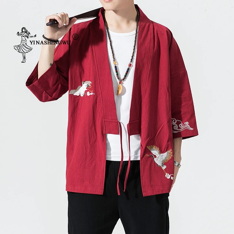 Kimono Cardigan Men Japanese Kimono Traditional Beach Thin Crane Embroidery Asian Clothes Yukata Male Samurai Casual Shirt Kimon image 3