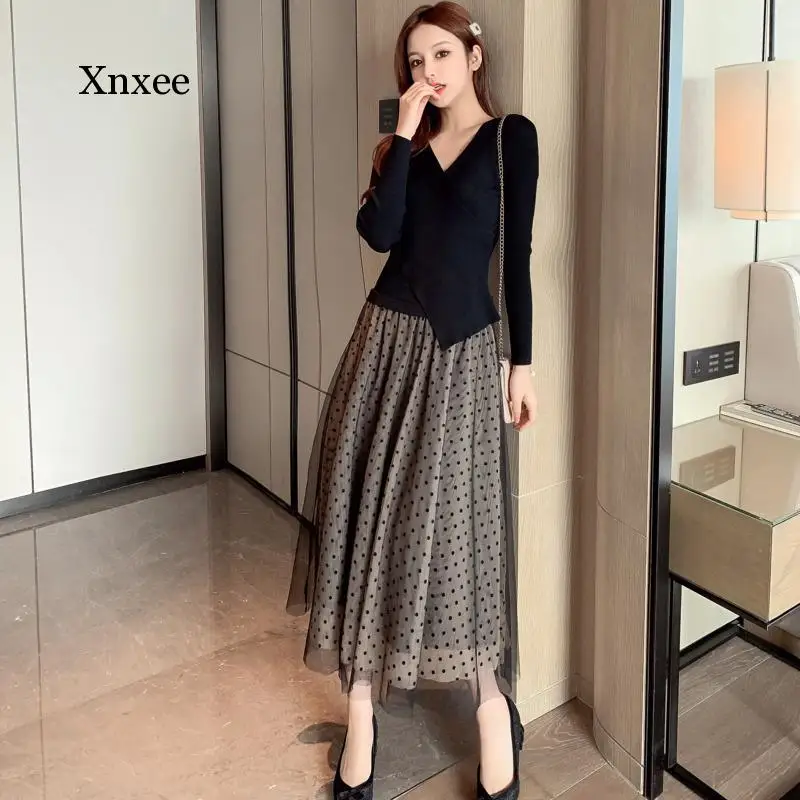 Vintage Elegant Maxi Knitted Dress Women V-Neck Slim Long Sleeve Long Knitting Patchwork Mesh Vestido De Mujer Femme Robe