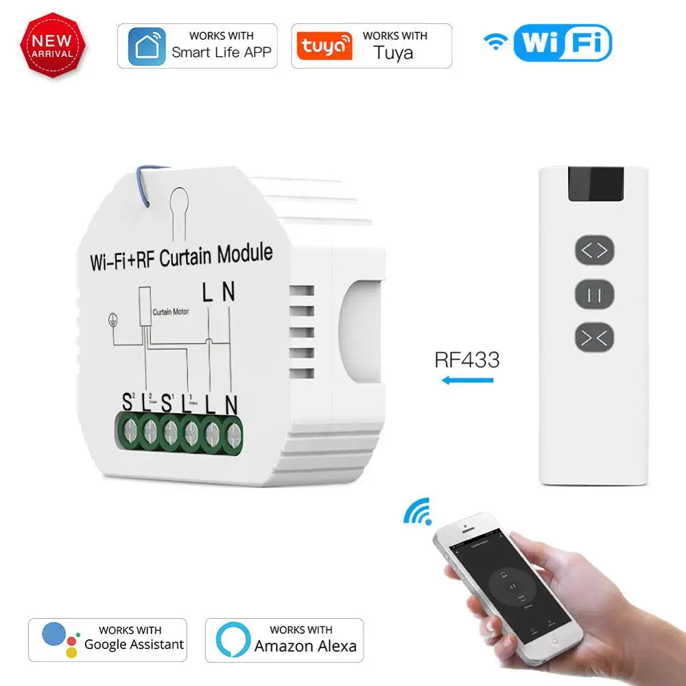 WiFi RF Smart Curtain Blinds Module Switch, Roller Shutter Motor, Tuya Wireless Remote Control,Voice Control, Schedule Timer