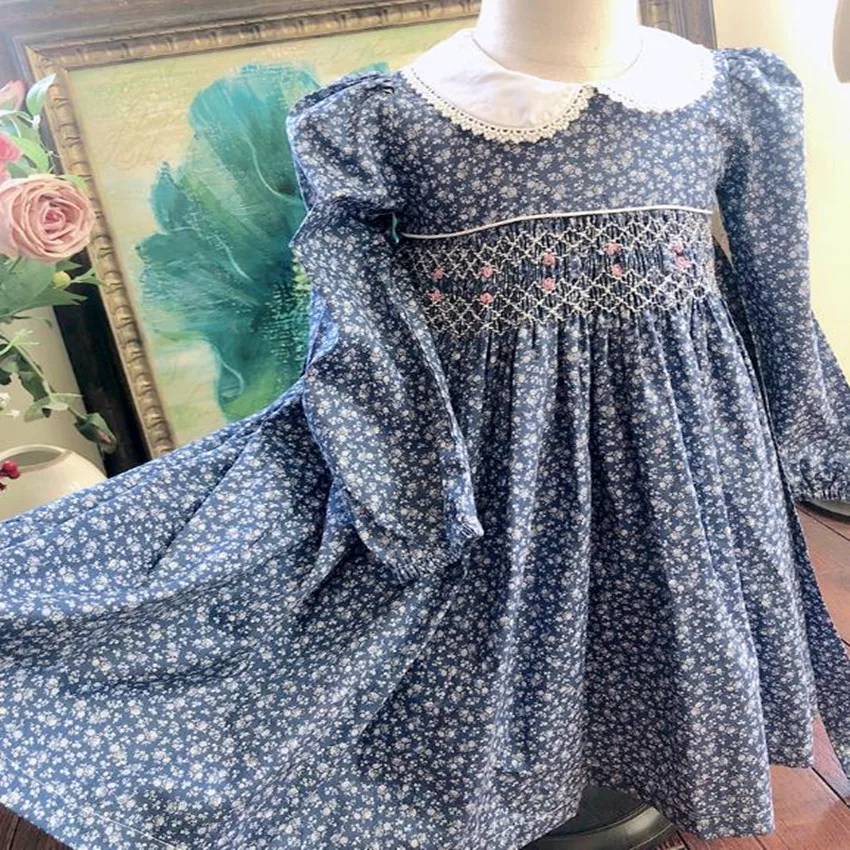 British classical spring autumn handmade smocking dress baby girl embroidered blue floral princess girl baby cotton dress