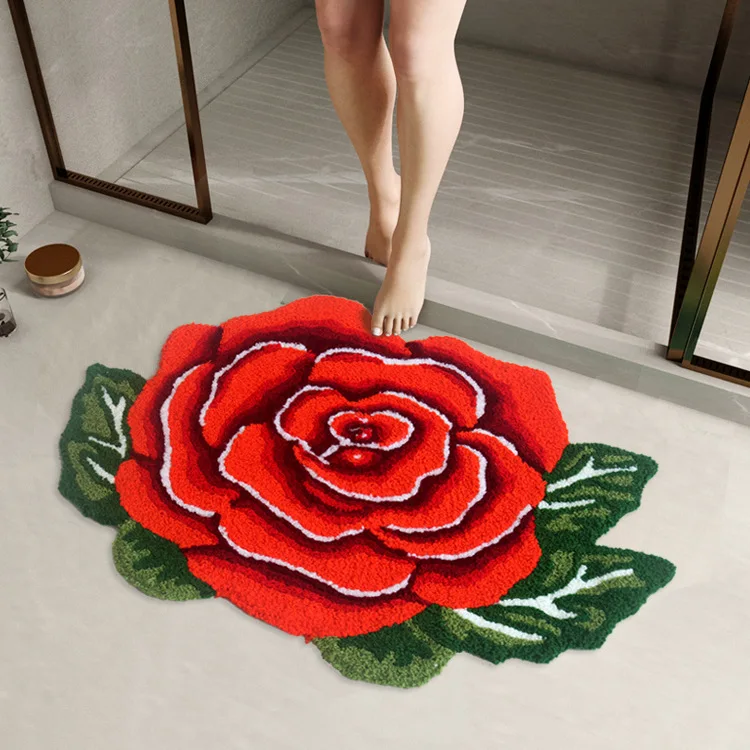 Red Rose Flower Handmade Embroidery Carpet Bedroom Livingroom Round Rug Bed Soft Parlor Anti-slip Hallway Chair Kids Door Mat