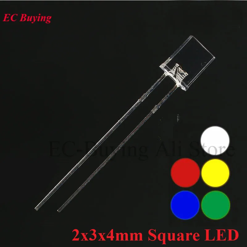 100pcs Square 2*3*4mm Ultra Bright LED Transparent Light Emitting Diode Lamp 2x3x4mm Blue Red Emerald-green Yellow White Diodes