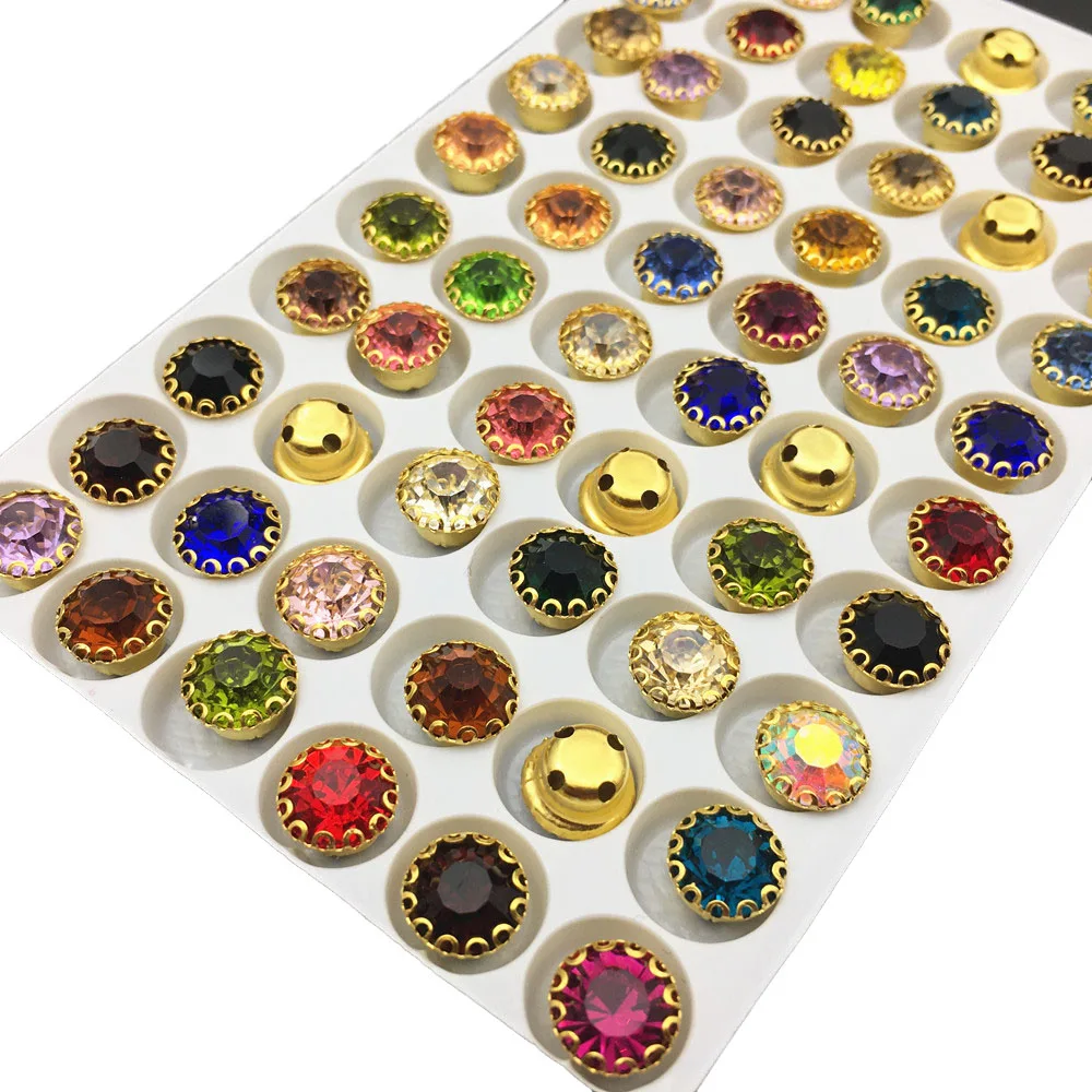 Handmade Crystals 6mm,8mm Round Glass Chatons In Lace Gold Claw 4holes Settings Sew on Rhinestone For Jewelry making