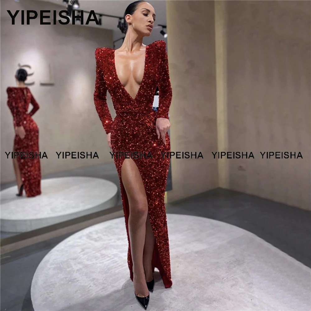 Yipeisha Strapless Sequined 댄스 파티 드레스 Sweep Train Glitter Pageant Dress 섹시한 긴 인어 저녁 파티 가운 플러스 사이즈