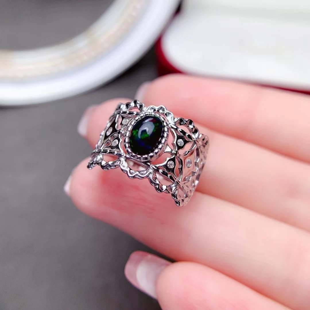 2021 New Natural Black Opal Ring Real 925 Sterling Silver Gold Plated Fine Jewelry Good Colorful Fire Secret Birthstone image 4