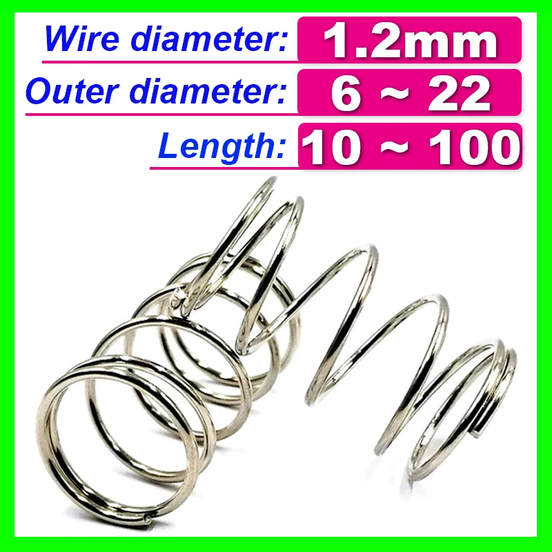 10pcs 304 Stainless Steel Spring Wire Diameter 1.2mm Compress Pressure Spring Rotor Return Buffer Cylidrical Coil Od 6mm~22mm