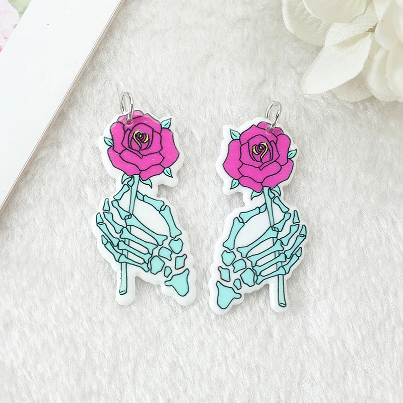 10Pcs Pastel Goth Ghost Charms Spooky Creative Acrylic Heart Skeleton Rose Butt Pendant For Earring Necklace Diy Making