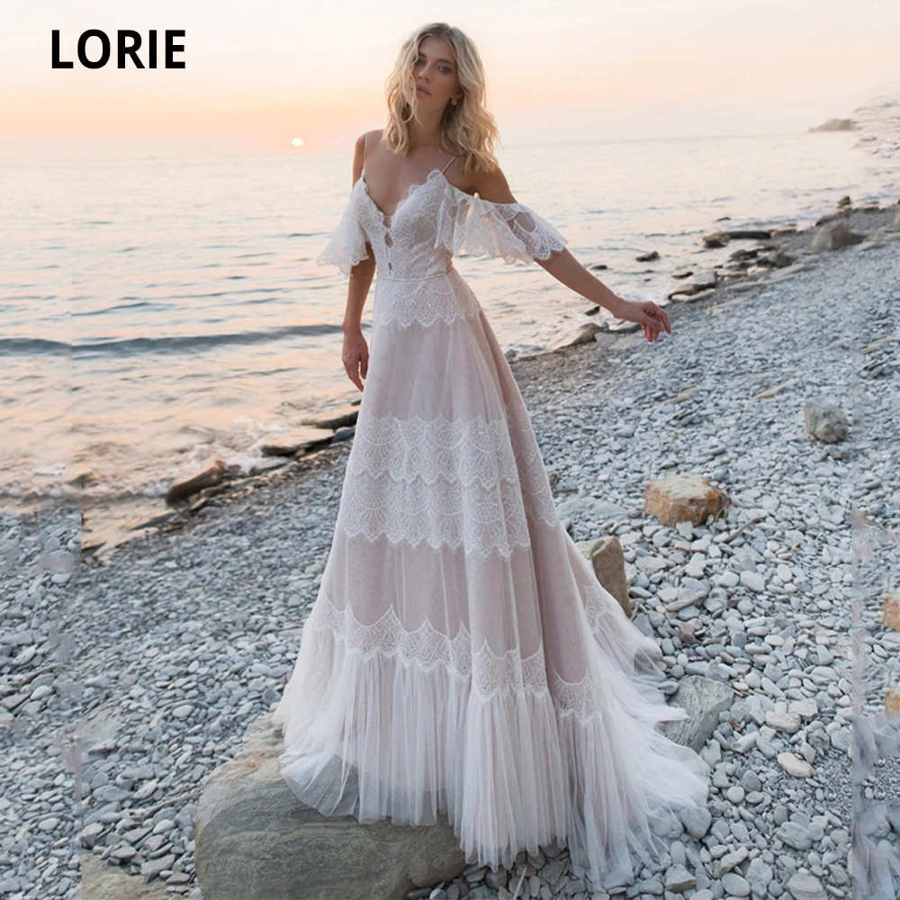 LORIE Strand Böhmische Brautkleider Champagner Boho Braut Kleid Spitze Applikationen V-ausschnitt Off Schulter Prinzessin Party KleidCustomized