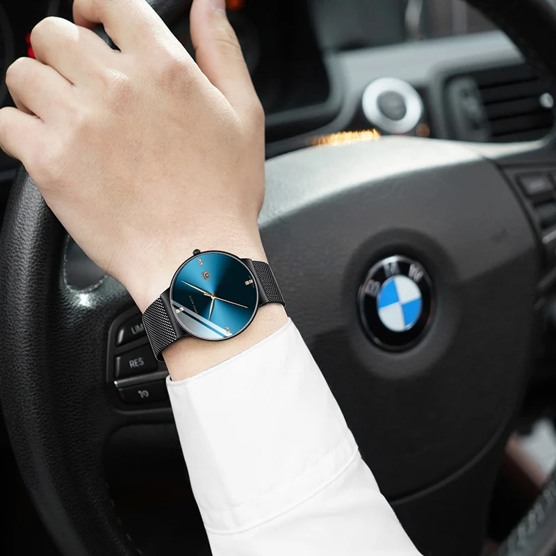 Hannah Martin Fashion Blue Black Gradient Men Watch Diamond Business Waterproof Calendar Wristwatch Japanese Movement Quartz