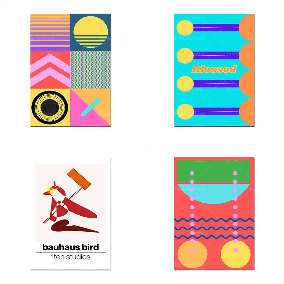 Bauhaus style bird art print, abstract and bold color posters with geometric shapes and colorful designs. Contemporary art poste