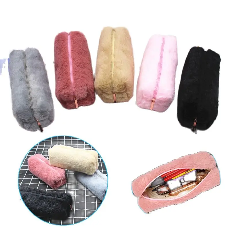 Cute Plush Pencil Pen Pouch Faux Fur Lightweight Large Capacity Stationary Cosmetics Bags School Supplies Pencil Cases Bag