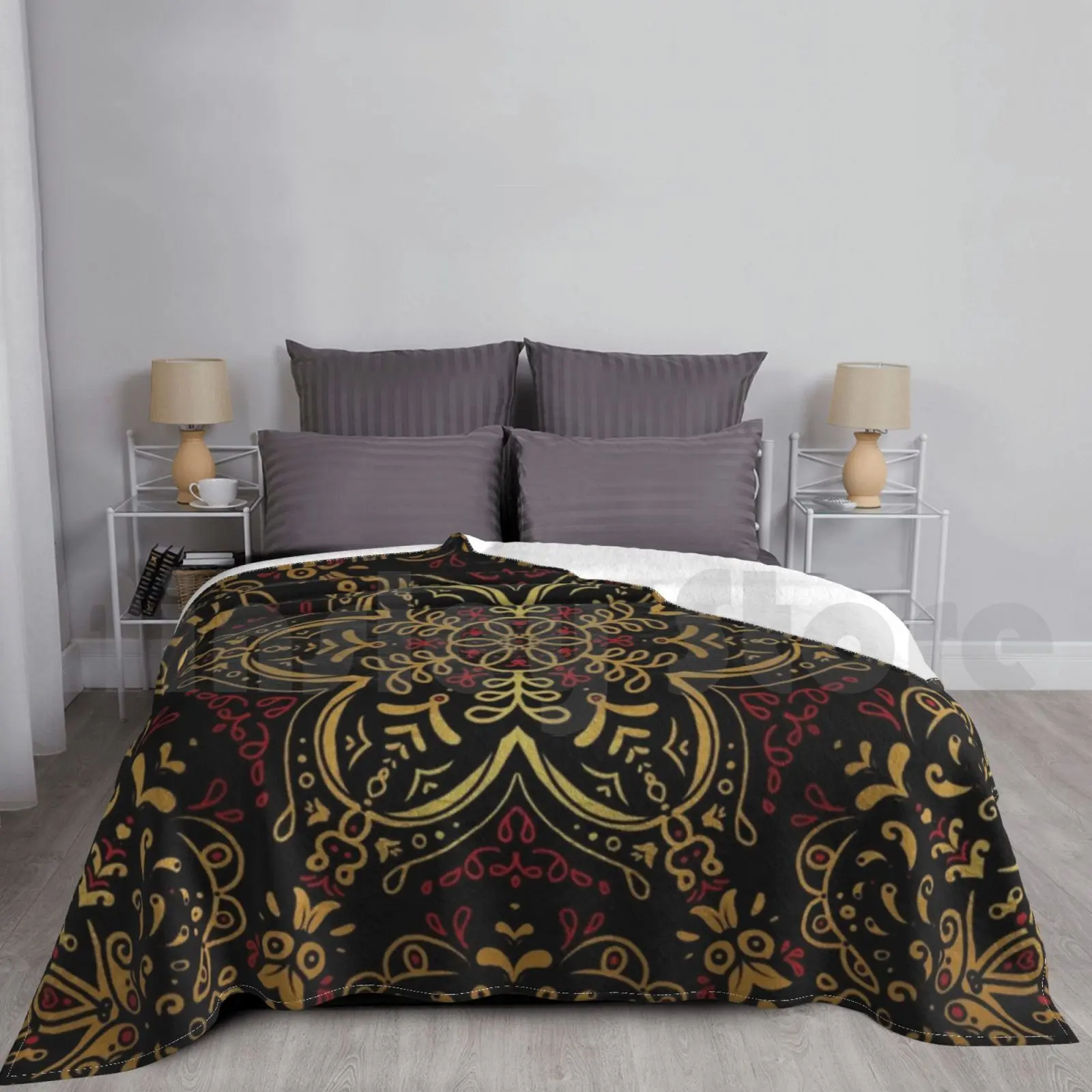 

The Vast Floral Underbelly Blanket For Sofa Bed Travel Mandala Pattern Gold Golden Shiny Heraldry Black And Gold