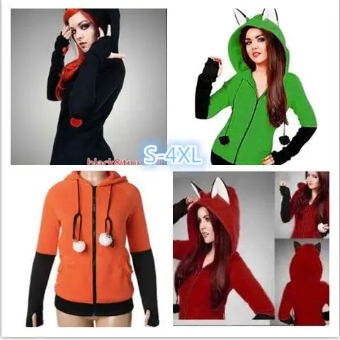 Halloween Costumes For Women Anime Fox Orelhas Ears Orange Hoodie Sweatshirts Plush Ball Decoration Christmas Jackets Out