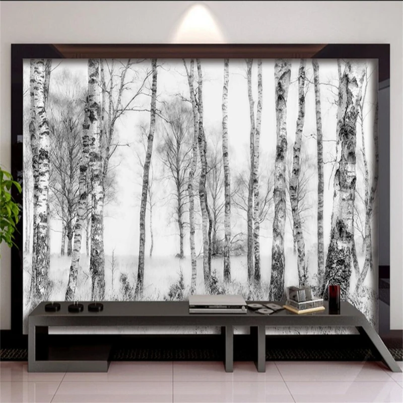 Custom Mural Wallpaper Black And White Hand Painted White Birch TV Furniture Decoration Background Wall Painting