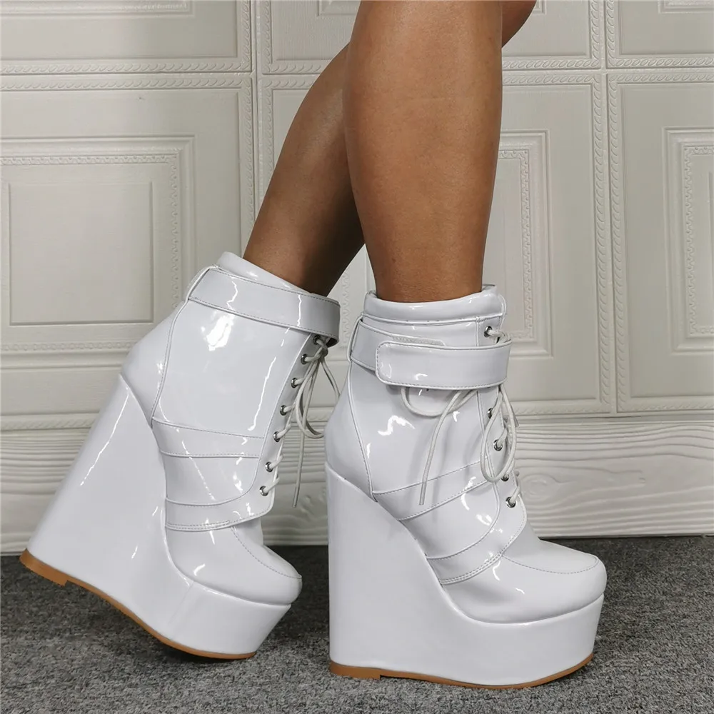 Kolnoo Handmade New Ladies Wedge Heel Boots Crisscross Lace-up Sexy Platform Real Picture Ankle Boots Fashion Winter White Shoes