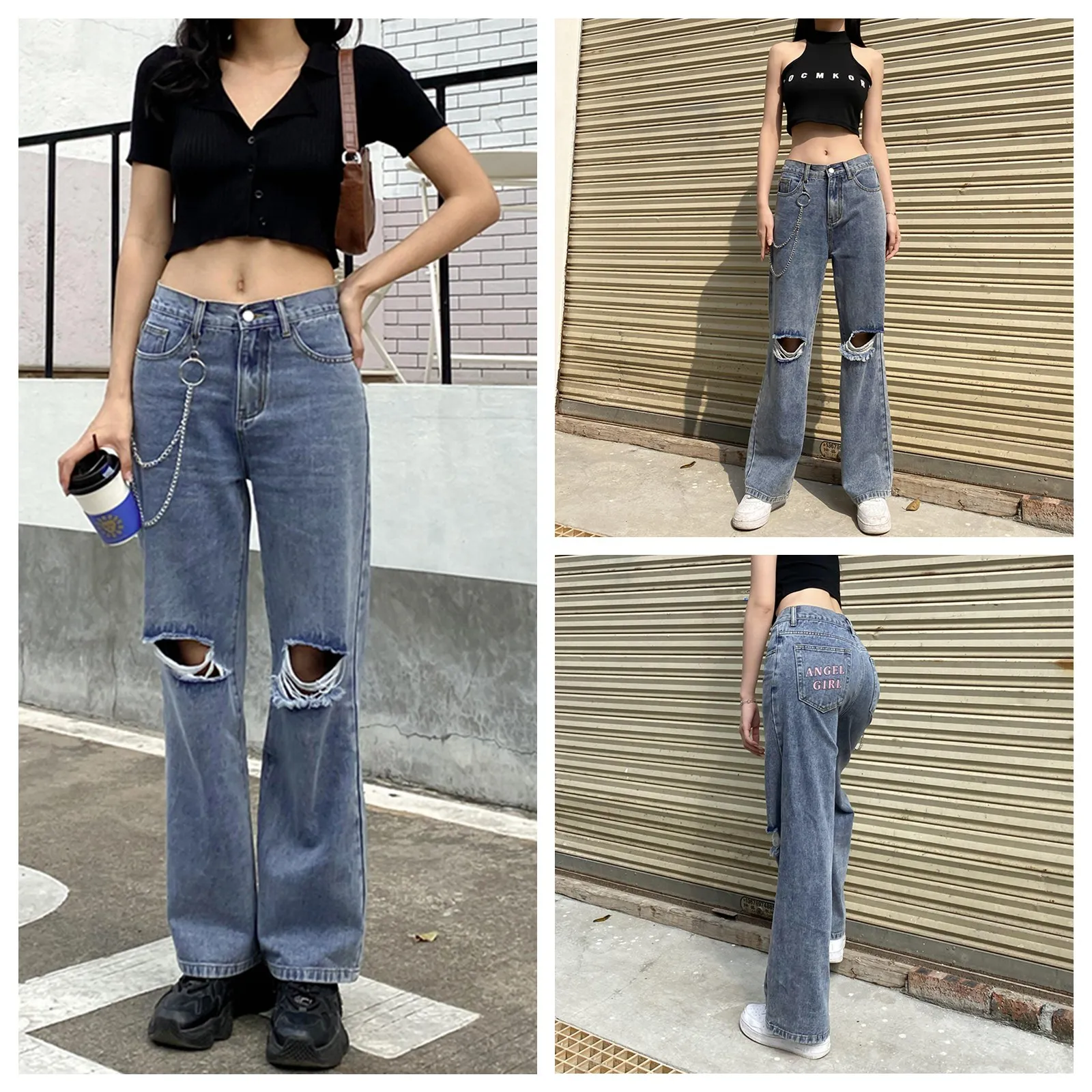 

Nice Pop Women Spring Jeans, Letters Print Middle-Waist Ripped Loose Straight-Leg Pants With Pockets For Girls, Blue