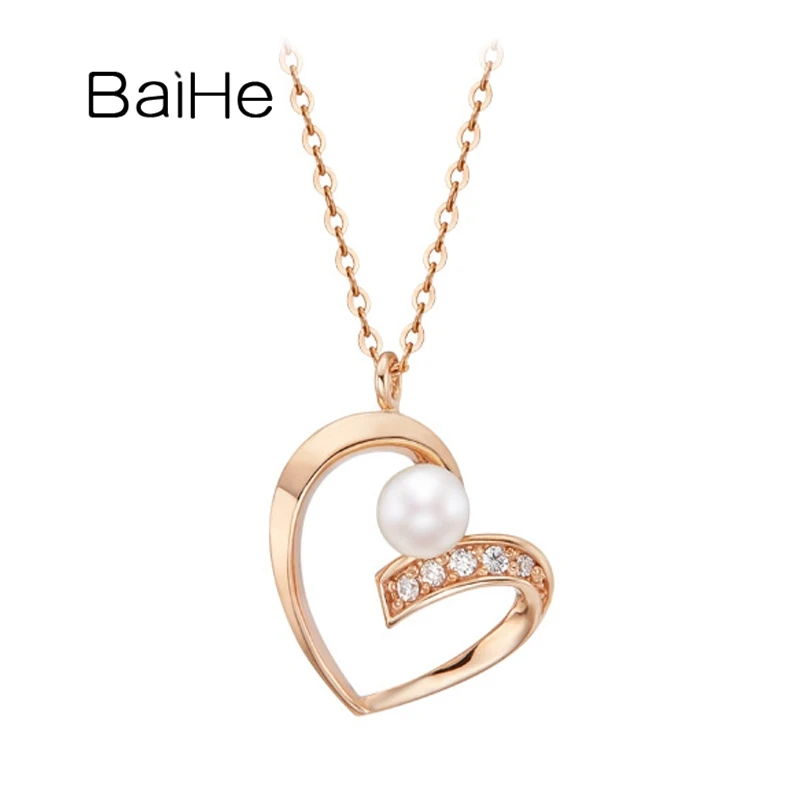 

BAIHE Solid 18K Rose Gold 3.5~4mm Freshwater Pearl Diamond Heart Pendant Necklace Women Simple Casual Daily Trendy Fine Jewelry