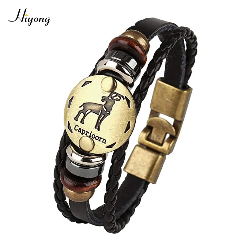 12 Zodiac Sign Horoscope Leather Bracelet for Man Vintage Retro Charm Wristband Male Bracelet Jewelry Gifts Leo Capricorn Aries