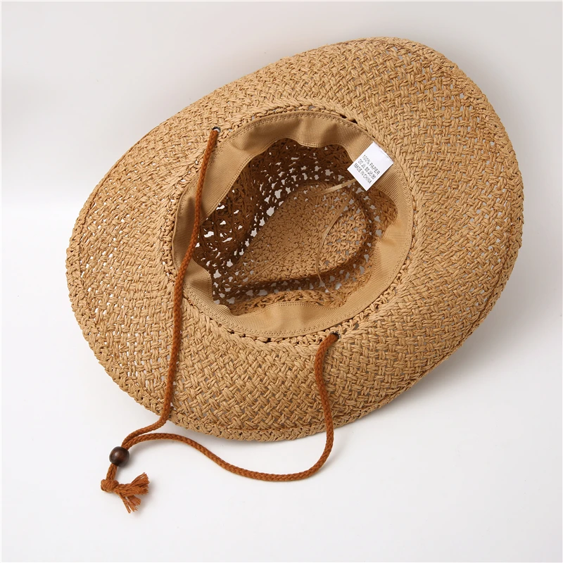 2021New Fashion Summer Men Women Panama Cowboy Hats Hollow Out Straw Hat Leather Ribbon Large Brim Sun Beach Hat Jazz Cap Fedora