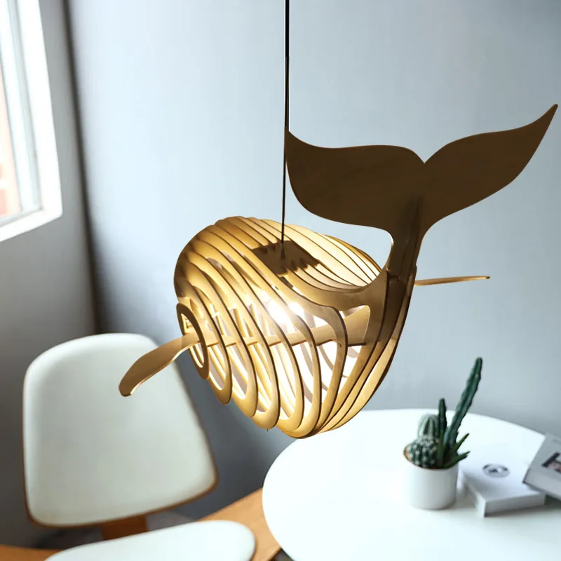 Imagem -04 - Big Wooden Fish Pendant Lamp Whale Wooden Hanging Light Lustres para Quarto de Crianças Iluminação de Sushi Bar Japonês E27