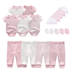 Cotton Solid Newborn Baby Sets Unisex Bodysuits+Pants+Hats+Gloves Baby Girl Boy Clothes Short Sleeve Roupas de bebe