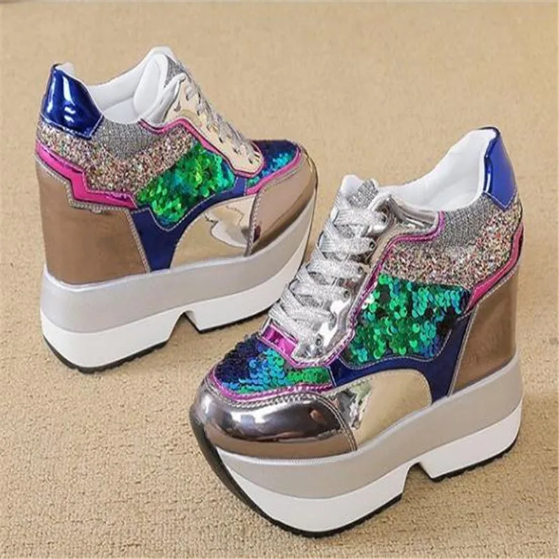 size 34 40 New arrival  Autumn Fashion casual shoes women High Platform Shoes 13 cm thick soled female Trainers Gold Silver