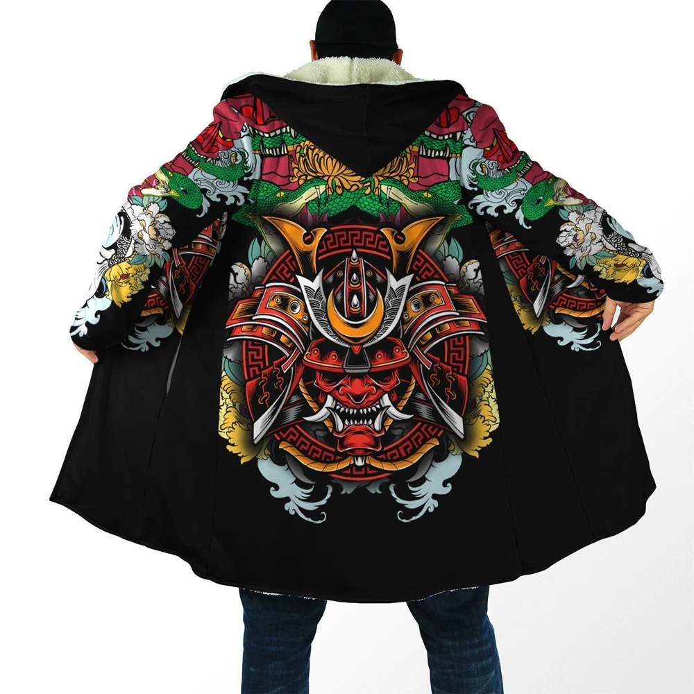 

Fashion Mens Hooded Cloak Samurai Oni Mask Tattoo 3D Full Printing Fleece Coat Unisex Casual Thick Warm Cape Style - 2NF04