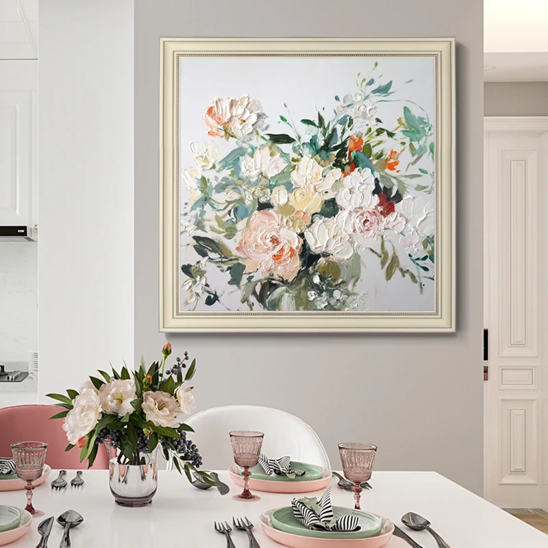 Hand-painted Oil Painting Floral Decoration Restaurant European Modern Minimalist Paintings Mural Peony Handmade Dining Hall E