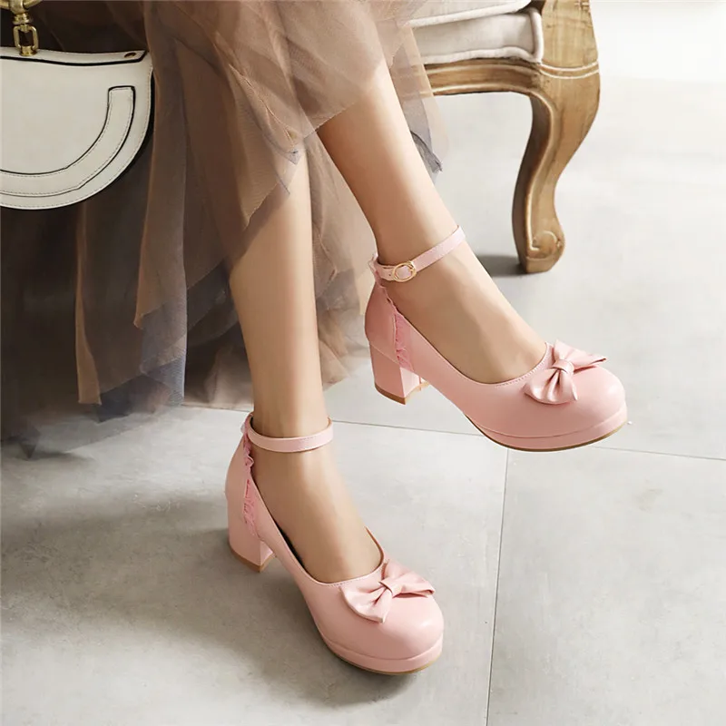 YQBTDL White Wedding Heels Pink Block Chunky High Heel Lolita Shoes Female Princess Bow Knot Ankle Buckle Summer Women Pumps 43