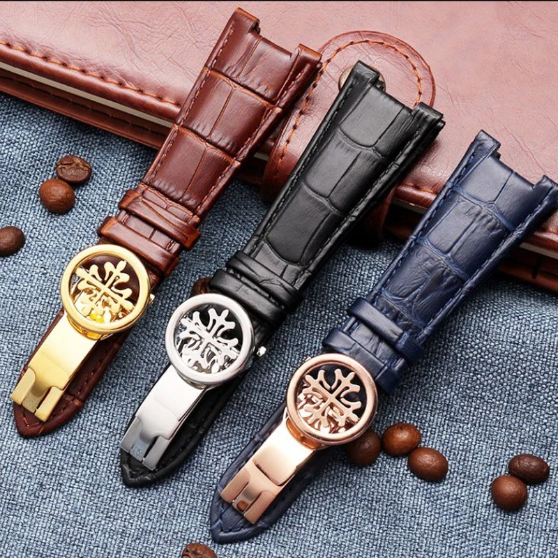 25X18mm watch buckle Leather Watch Strap Band Black Brown Blue Fits For P-atek Philippe Nautilus  5712G man Bracelet Notch 12mm