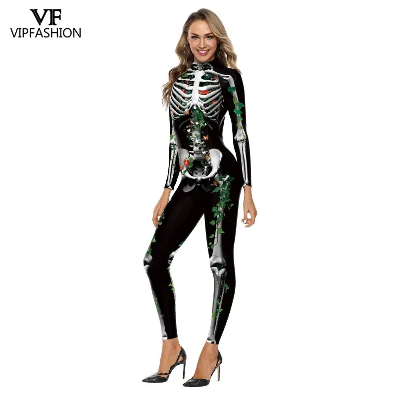 VIP FASHION Costume di Halloween per donna Skull Skeleton stampato costumi Cosplay Zentai Suit Sexy Carnival Party Purim body