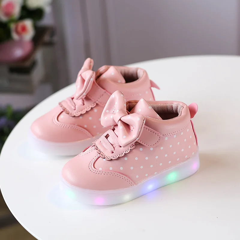 Fashion Dot Bow Lighted Toddler Slip-On Sneakers Baby Girl Light Shoe For LED 2019 New Kids Autumn Shoes 1 2 3 4 5 6 Year Old