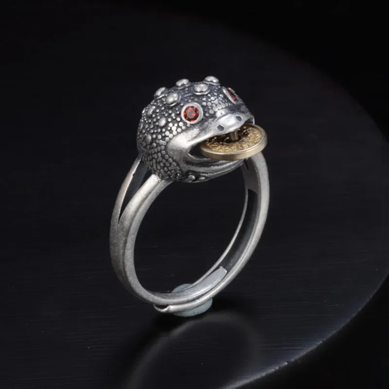 

100% S925 sterling silver golden toad ring female vintage old seven-star copper coin coin opening Thai silver index finger ring