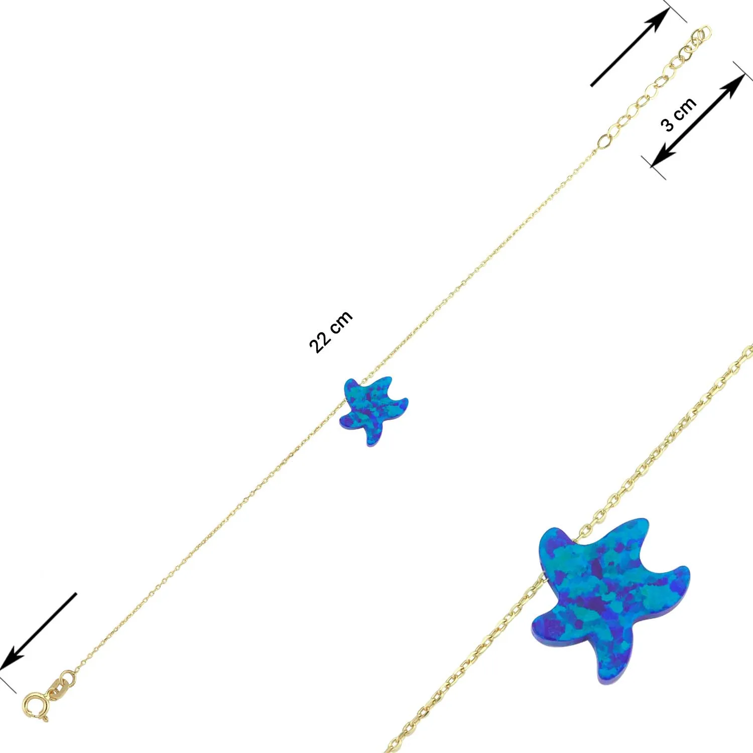 14K Real Gold Opal Stone Adjustable Starfish Anklet, Link Bracelet