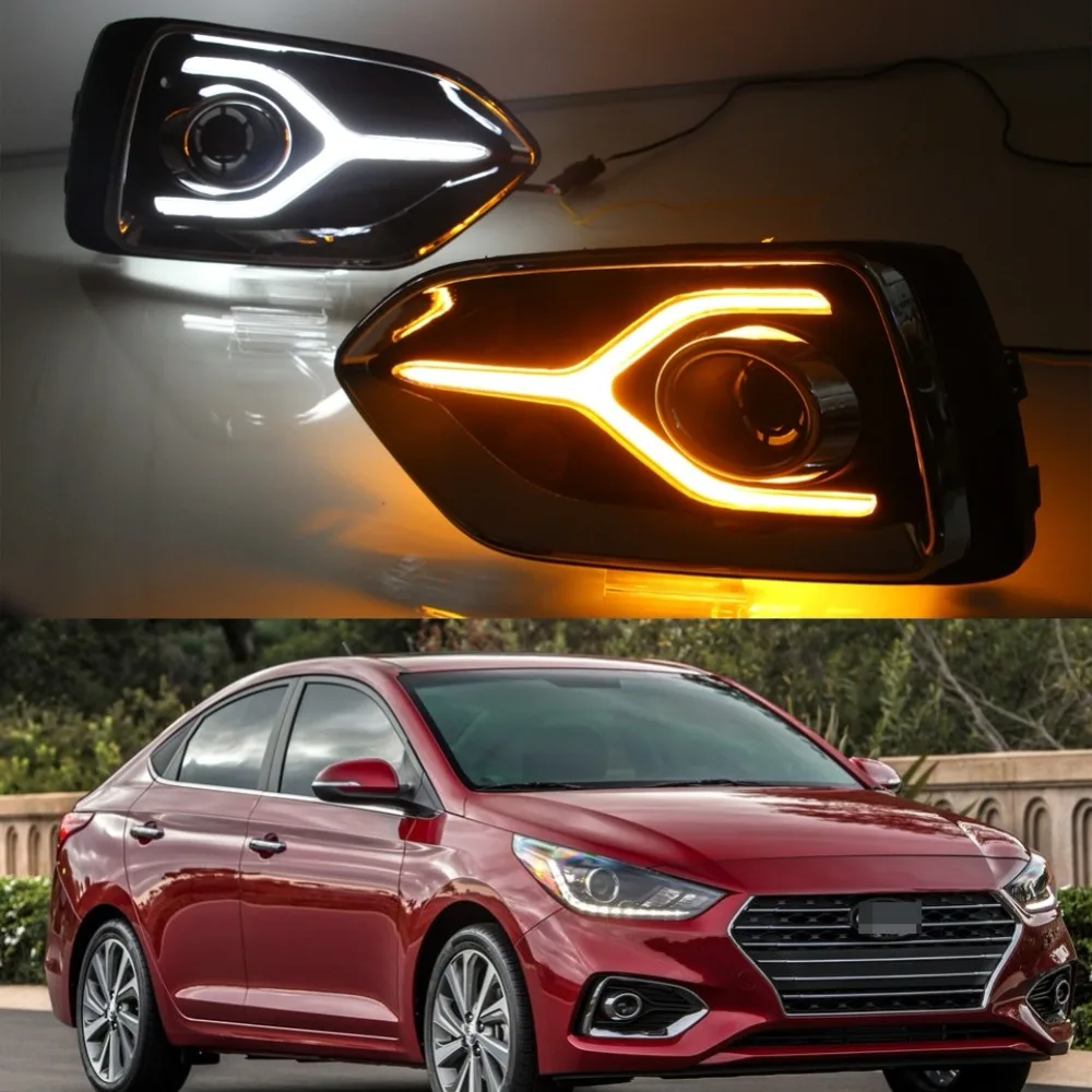 1 Set Yellow Turn Signal Function 12V Car DRL LED Daytime Running Light Fog Lamp for Hyundai Accent 2018-2019